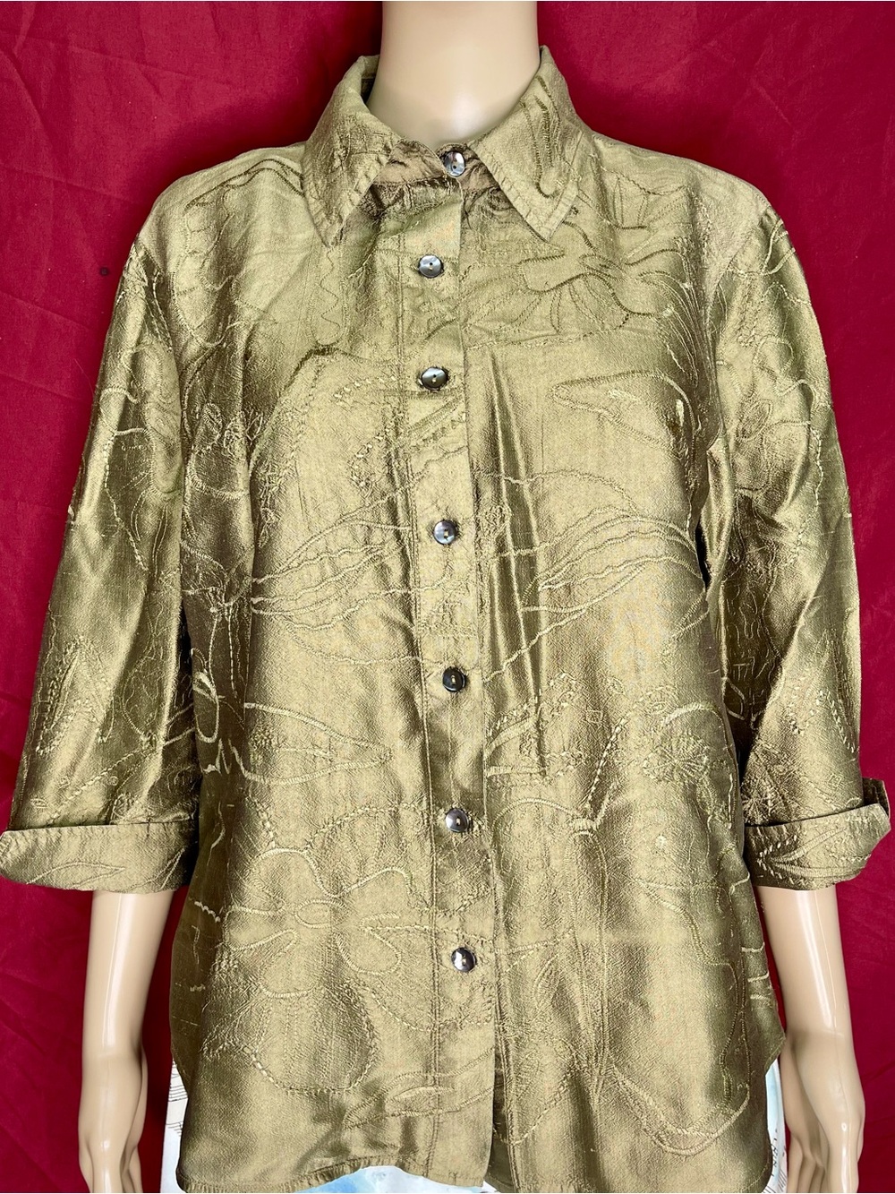 Coldwater Creek Silk Brocade ¾ Sleeve Button Front Blouse PXL